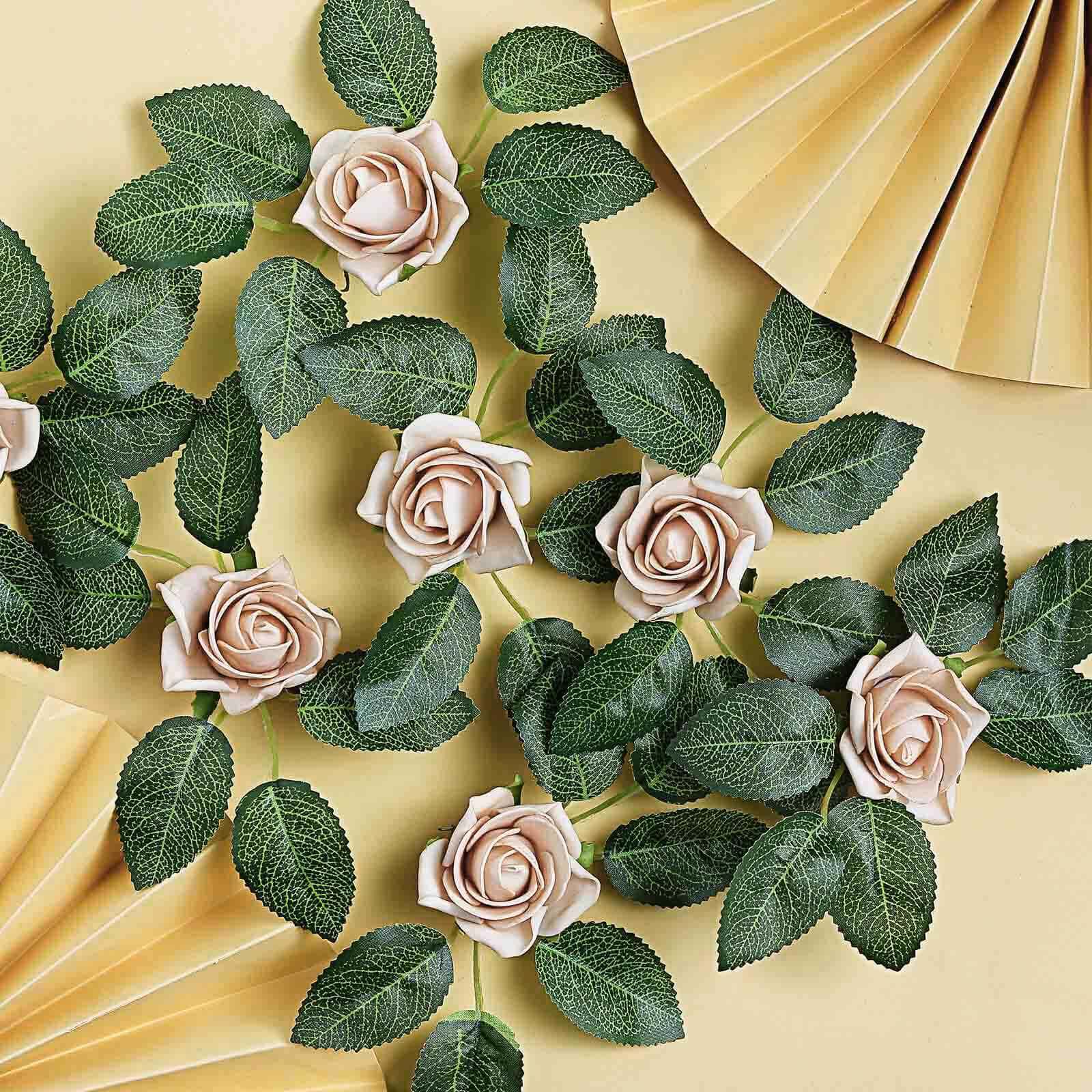 24 Roses Champagne Artificial Foam Flowers With Stem Wire and Leaves 2