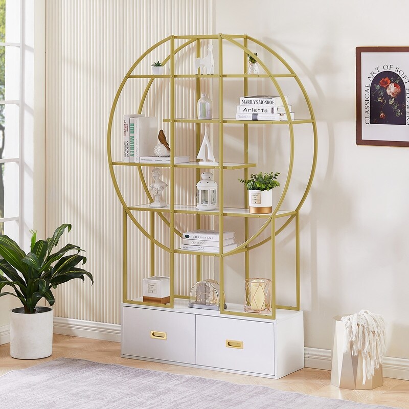 70.8 Inch Gold Frame Round Bookcase Office Bookshelf with Two Drawers