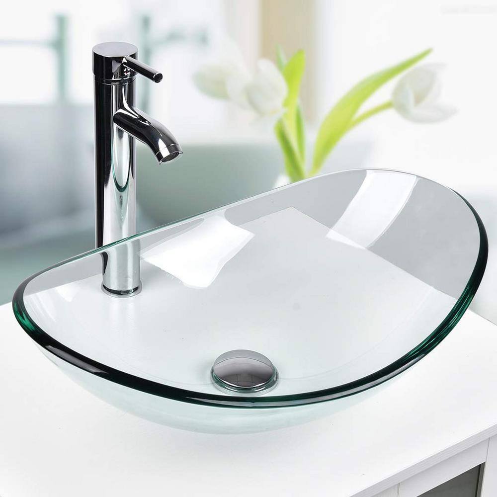 Puluomis Glass Oval Vessel Sink in Clear with Faucet Pop Up Drain Set USBG007