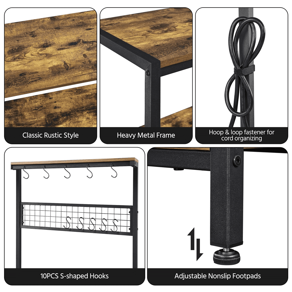 Topeakmart 4-tire Baker’s Rack with Power Outlet with 10 Hooks and Adjustable Feet for Kitchen， Rustic Brown