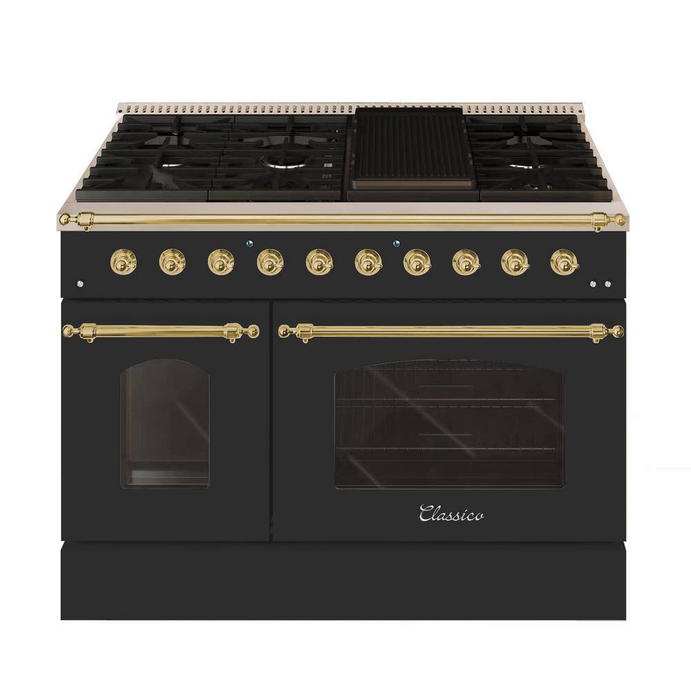 Hallman CLASSICO 48 in. TTL 6.7 Cu. ft. 8 Burner Freestanding All Gas Range Gas Stove and Gas Oven Matte Graphite Brass Trim HCLRG48BSMG