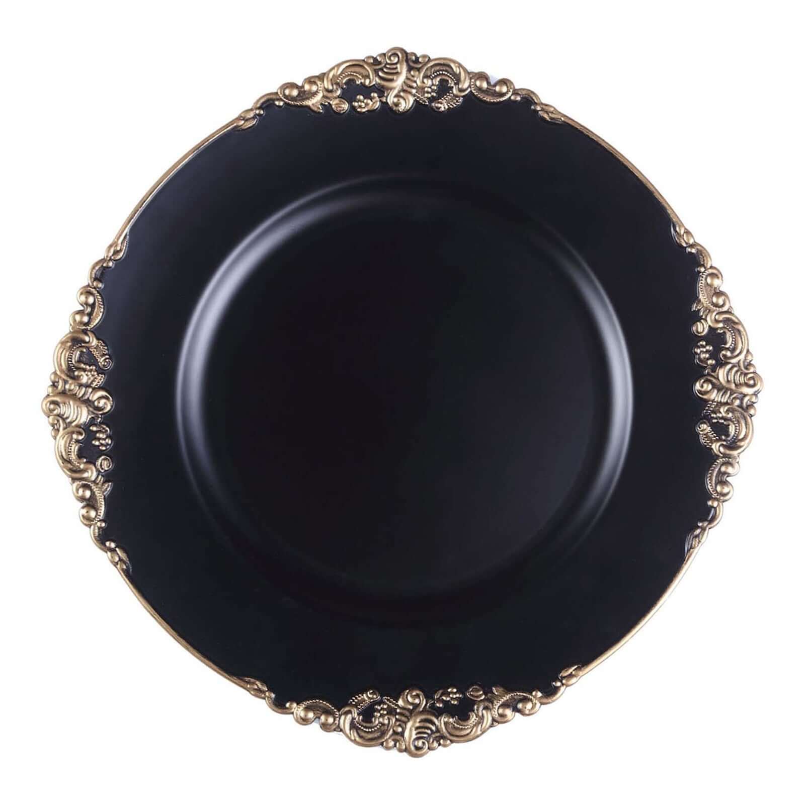 6 Pack Matte Black Gold Embossed Baroque Round Charger Plates With Antique Design Rim 13