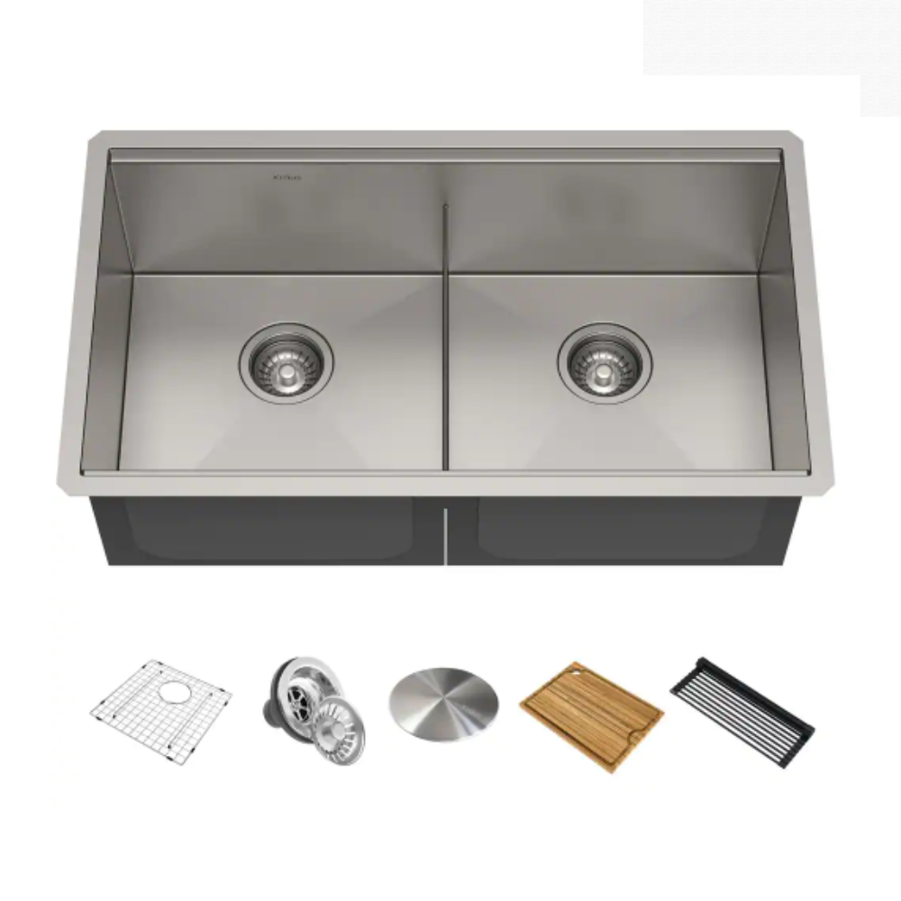 Kraus Kore Workstation 33 in. Stainless Steel Undermount Double Bowl Kitchen Sink w/ Integrated Ledge and Accessories