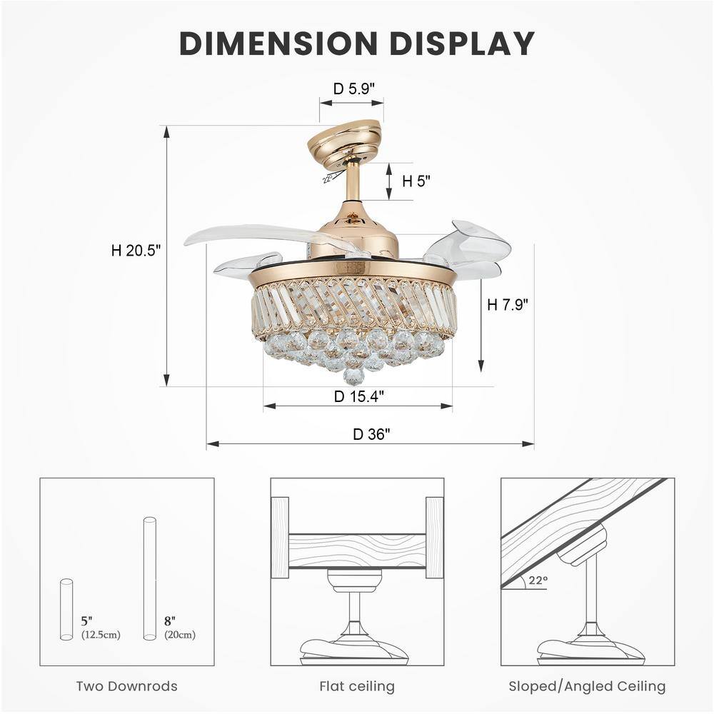 ANTOINE 36 in. Modern Indoor Retractable Blade Ceiling Fan with LED Light and Remote Control Gold Crystal Ceiling Fan Light HD-FSD-01