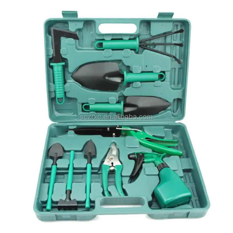 Customized Portable 10pcs Gardening Hand Tools Kits For Home Useful Green Garden Tool Set With Plastic Case