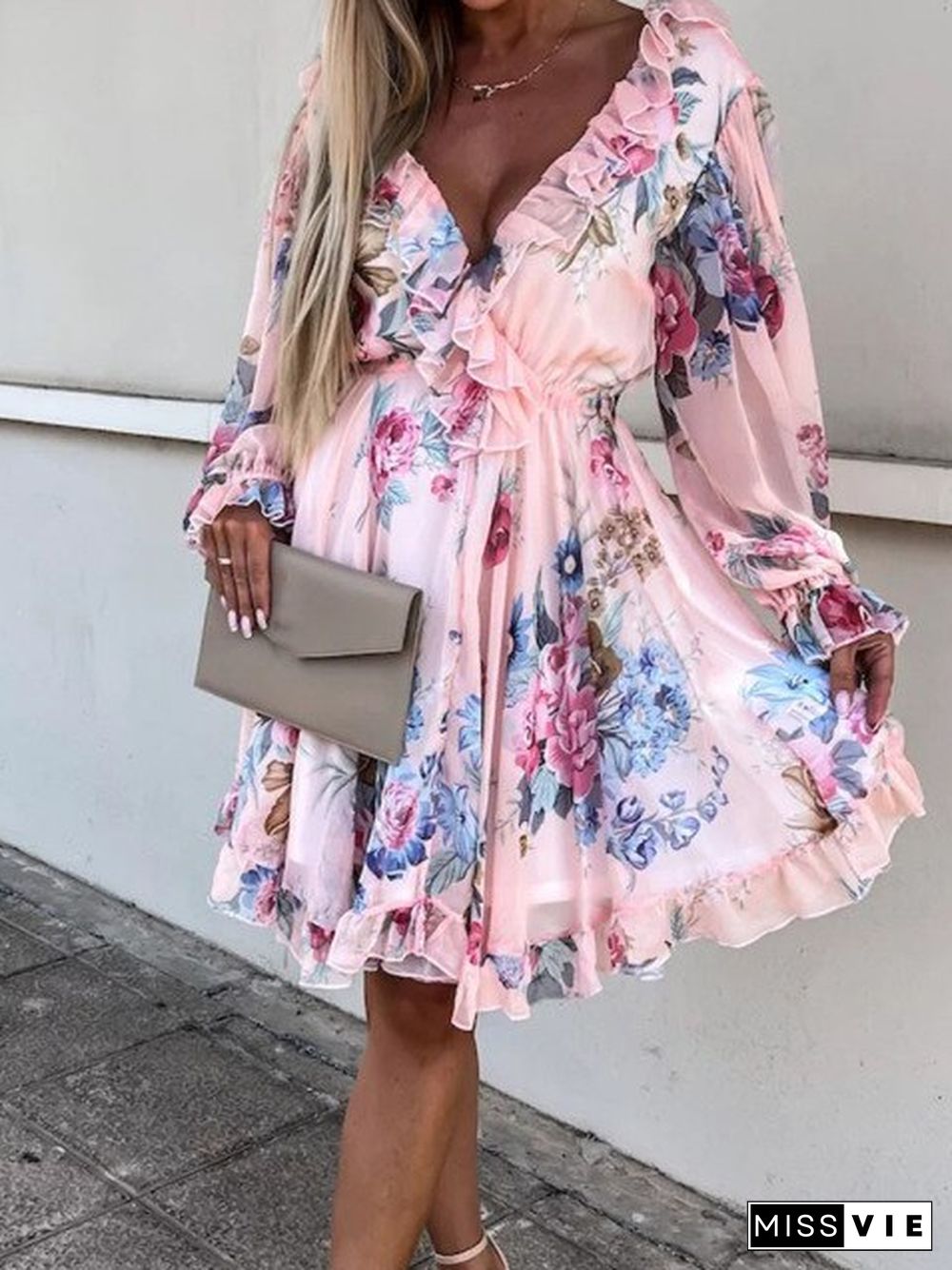 Sexy Backless Double V Neck Ruffle Party Dress Fashion Boho Floral Print Chiffon Beach Dress Elegant Women Tie Pleat Mini Dress