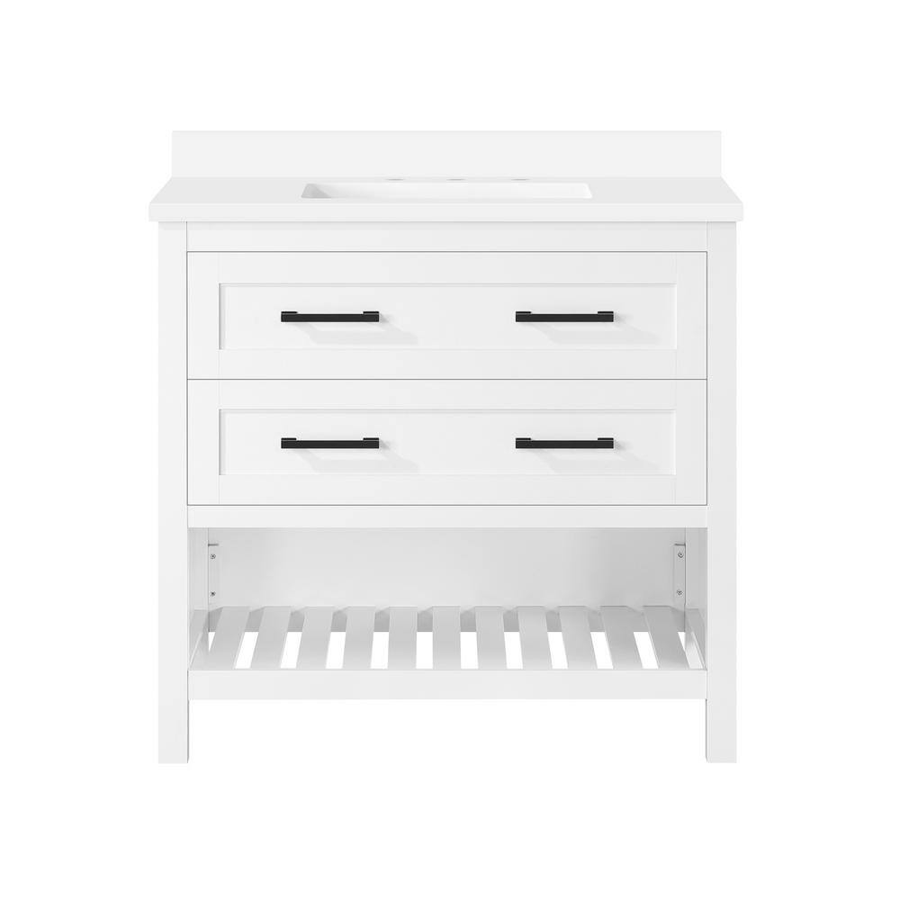 Home Decorators Collection Autumn 36 in. W x 19 in. D x 34.50 in. H Freestanding Bath Vanity in White with White Engineered Stone Top Autumn 36W