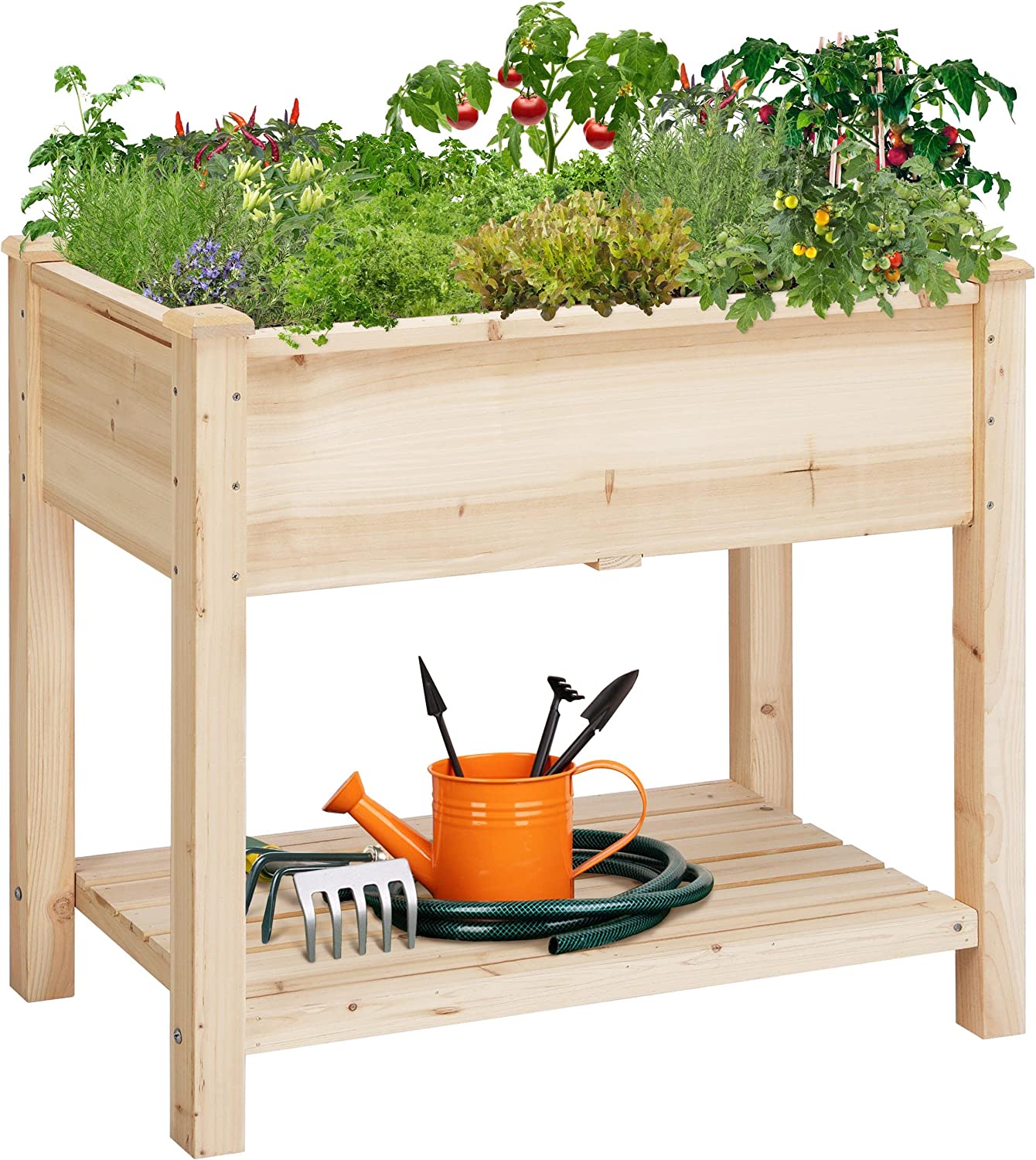 Raised Garden Bed Planter Box with Legs & Storage Shelf, Wooden Elevated Vegetable Growing Bed for Flower/Herb/Backyard/Patio/Balcony