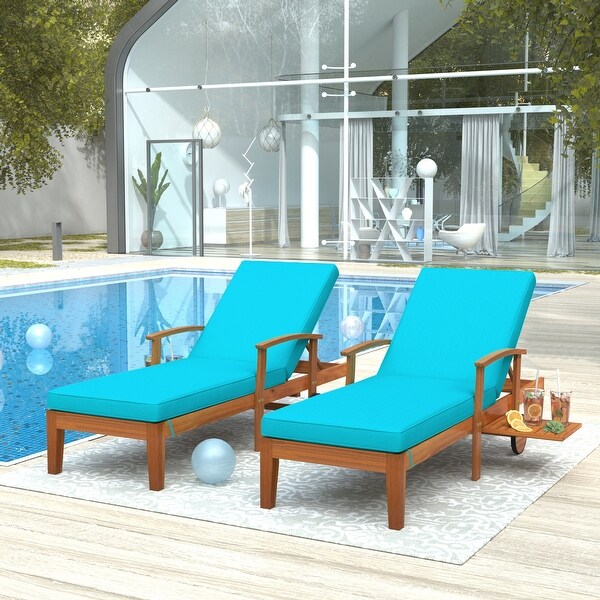 2 Piece Outdoor Solid Wood Chaise Lounge with Cushion， Wheels and Sliding Cup Table