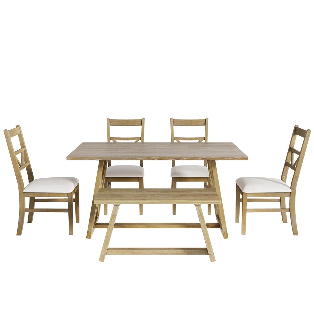 Dining Table Set with 4 Upholstered Chairs and Wood Bench（Set of 6）