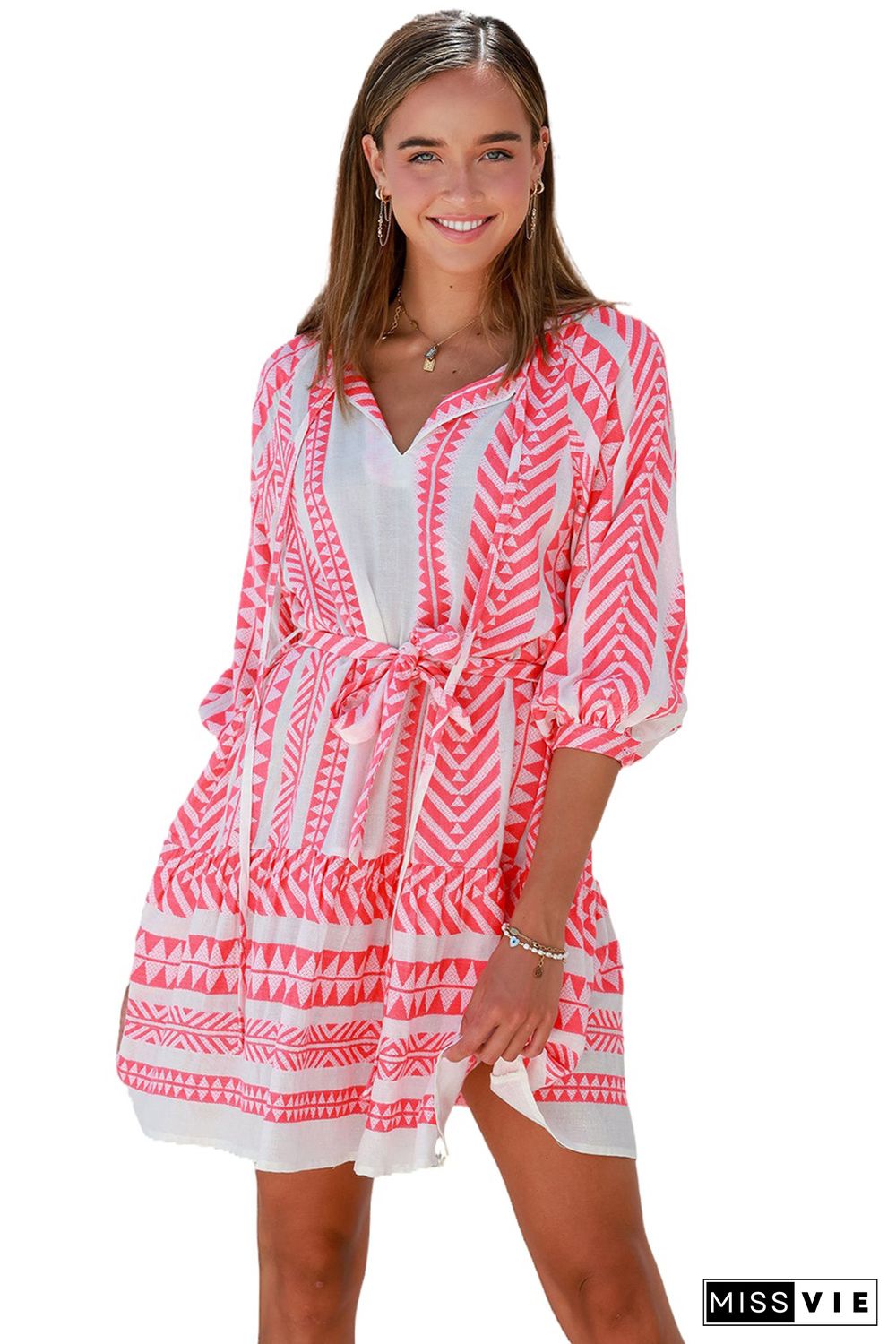 Red Geometric Print Belted Puff Sleeve Dress