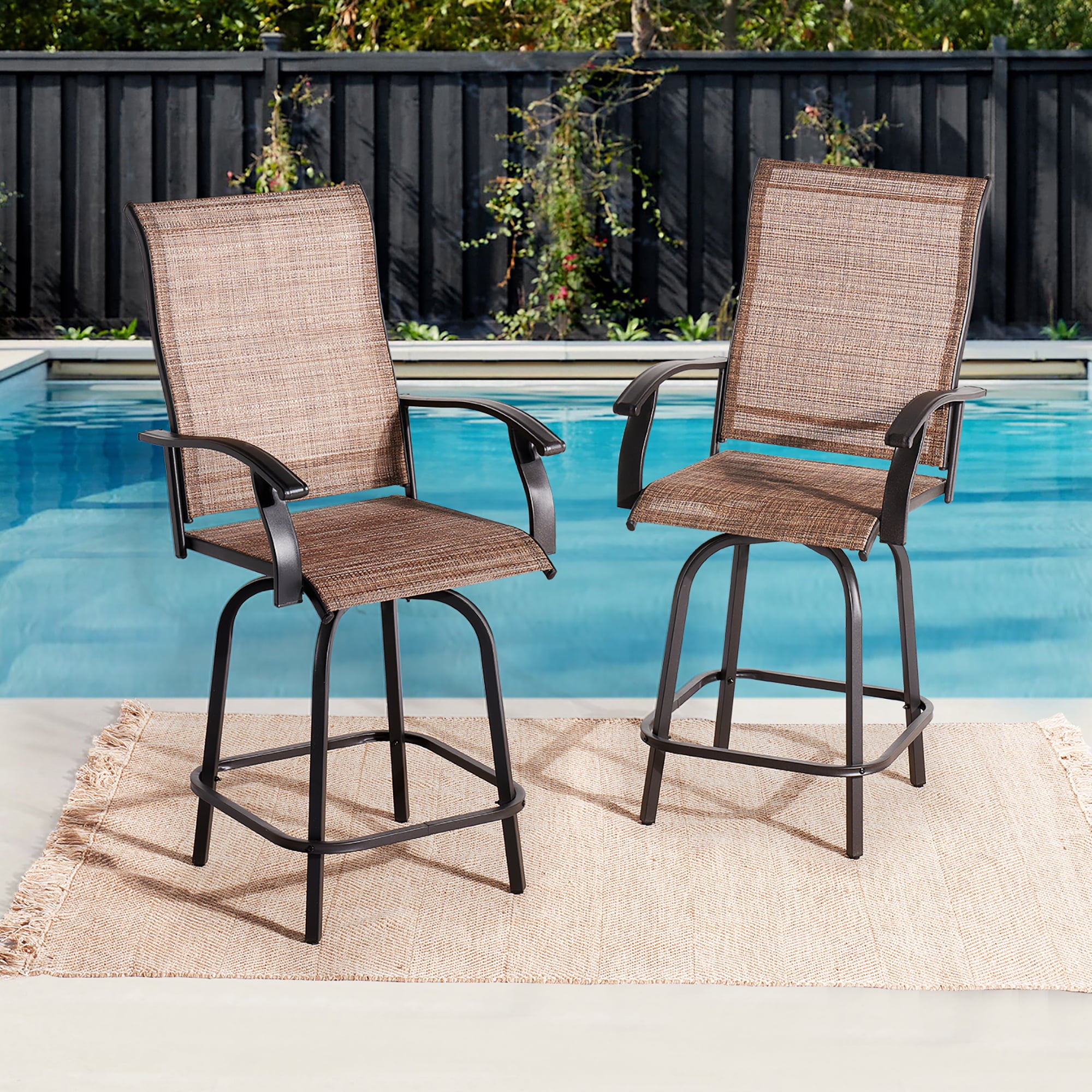 BaPiPro 2 PCS Swivel Bar Stools Set， Bar Height Patio Bistro Set Textilene Fabric， Suitable for Porch， Outdoor Kitchen， Backyard and Swimming Pool