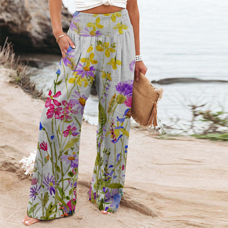 Elastic Printing High Waist Casual Wide Leg Pants With Pockets