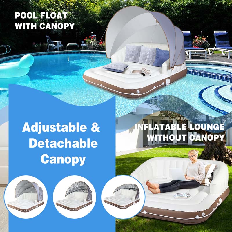 Giant Inflatable Pool Float Lounge Swimming Floating Island Raft with Retractable Canopy & 2 Cup Holders