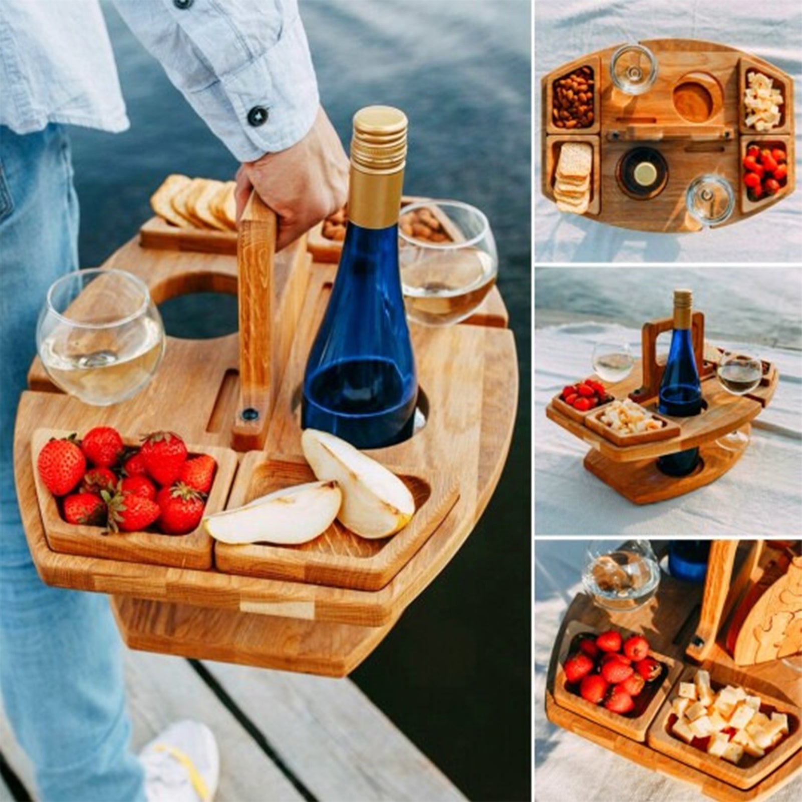 UDIYO Wood Picnic Wine Holder Removable Corrosion Resistant Picnic Wine Table With Fruit Tray for Outdoor