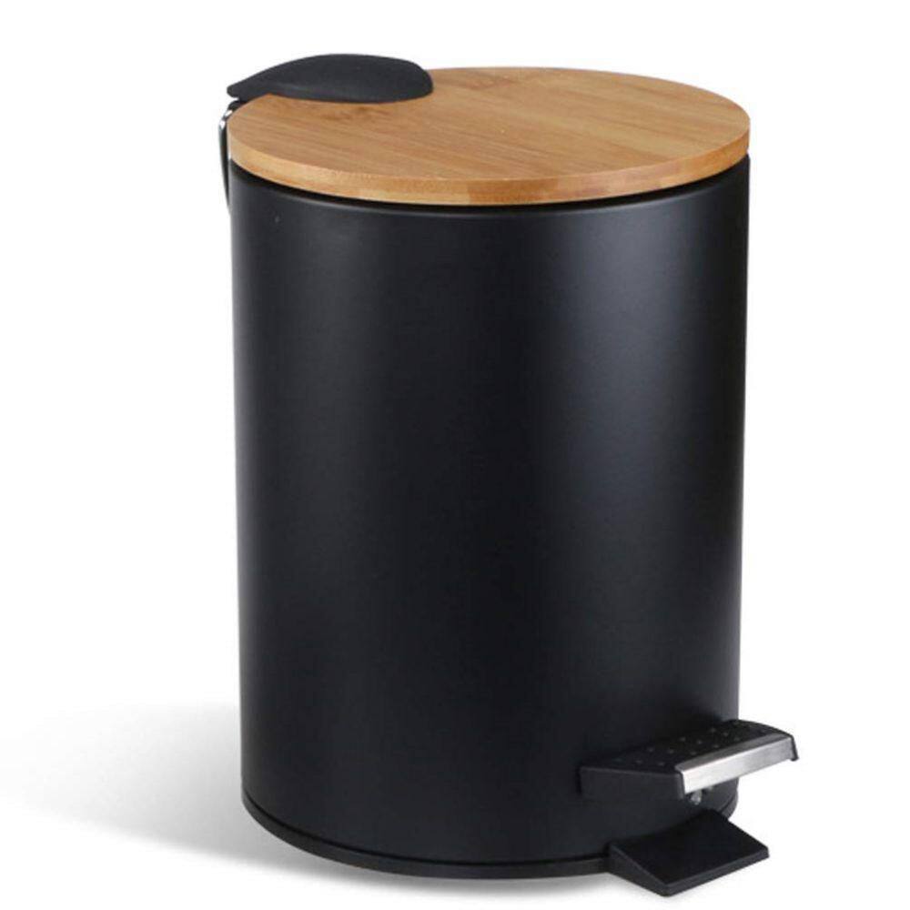 Dracelo 5 Liter Round Metal Trash Can with Bamboo Lid and Pedal and Removable Inner Wastebasket in Black B08N3XCR3B