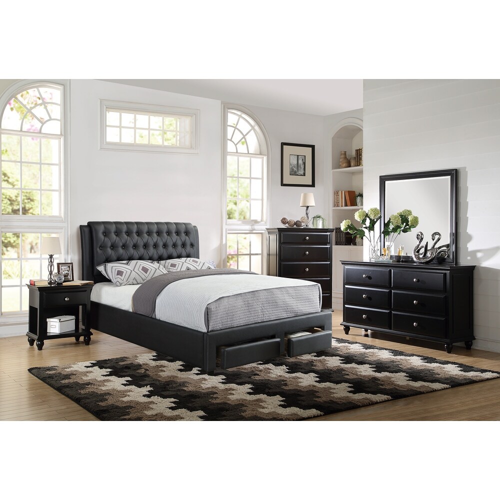 Black Faux Leather Bed with Storage Drawers