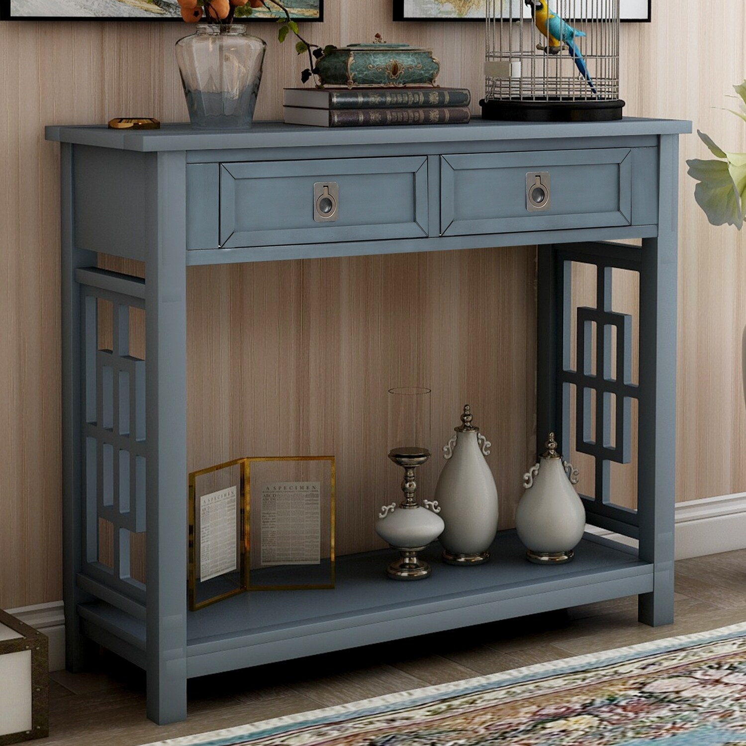 Console Table with 2 Drawers and Bottom Shelf， Entryway Accent Sofa Table