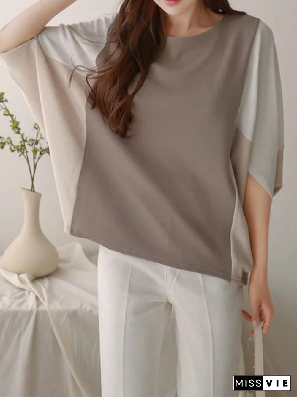 Batwing Sleeves Loose Contrast Color Split-Joint Round-Neck T-Shirts Tops