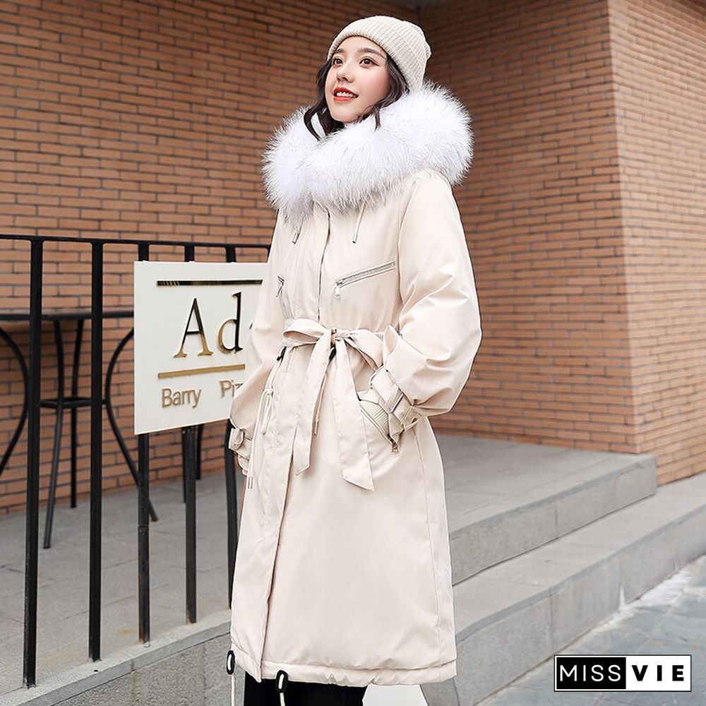 Fashion Long Lamb Hair Liner Parker Cotton Jacket Coat New Warm Women'S Winter Jackets Belt Big Faux Fur Coats Parkas