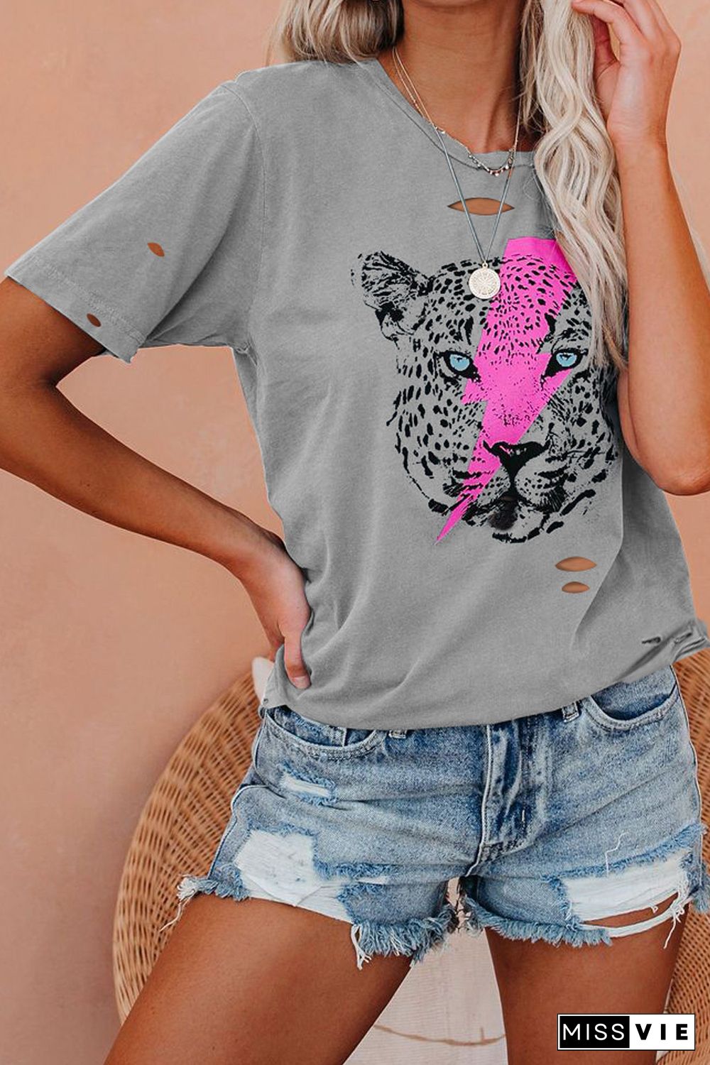 Leopard Print Graphic Tees for Women Wholesale Short Sleeve T shirts Top