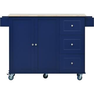 Aoibox Dark Blue Solid Wood Top 52.7 in. W Rolling Mobile Kitchen Island with Drop Leaf Locking Wheels and Storage Cabinet SNSA11IN015