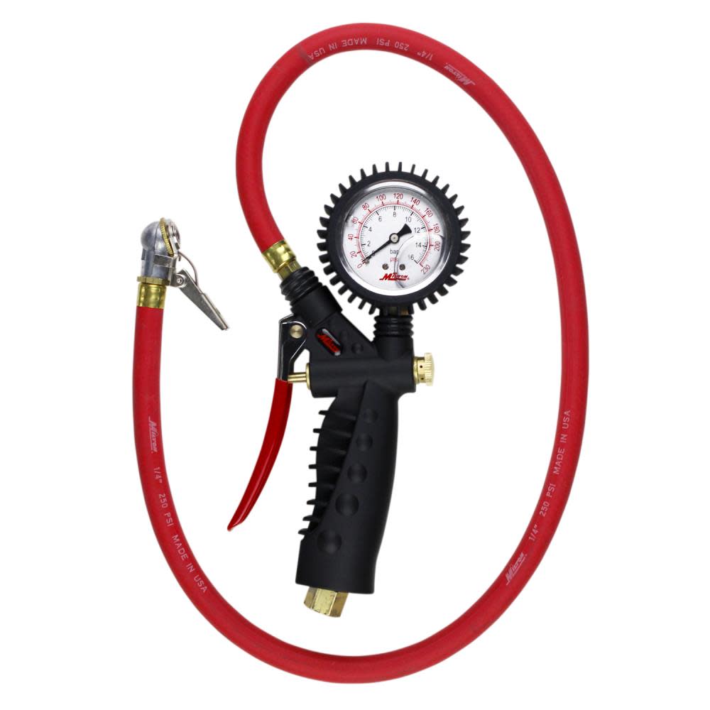 Milton® 573A Pro Analog Pistol Grip Inflator Gauge ; 36 Hose and Ball Chuck w/Clip ; 230 PSI ;