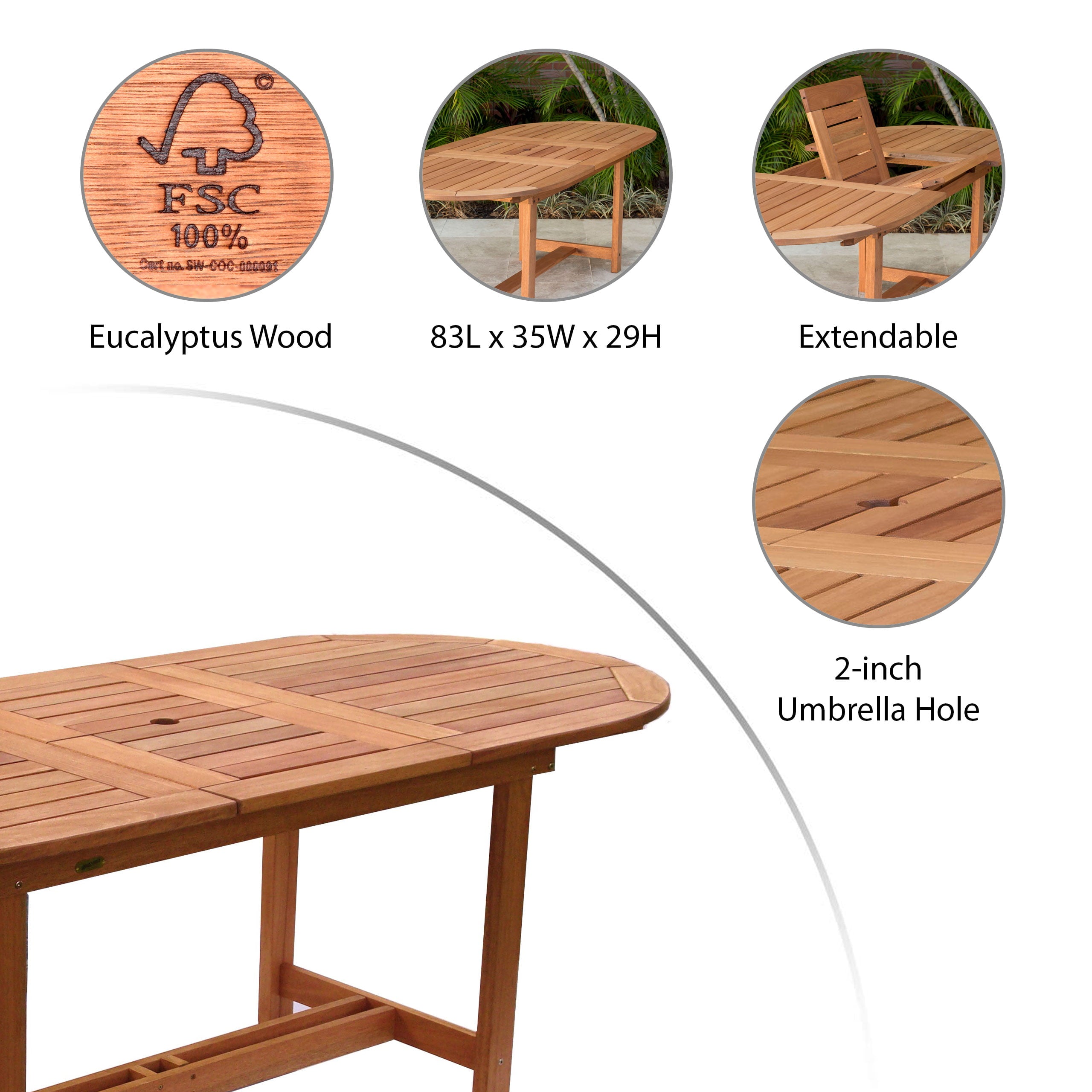 Bahamas 7-Piece Extendable Oval Patio Dining Set, Solid Wood 100% FSC Certified