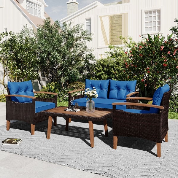 4-Piece Garden Furniture， Patio Conversation Sets， PE Rattan Outdoor Sofa Seating Set with Wood Table and Adjustable Legs Design - Overstock - 37853223