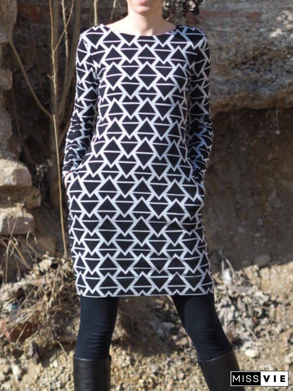 Casual Crew Neck Printed Knitting Dress