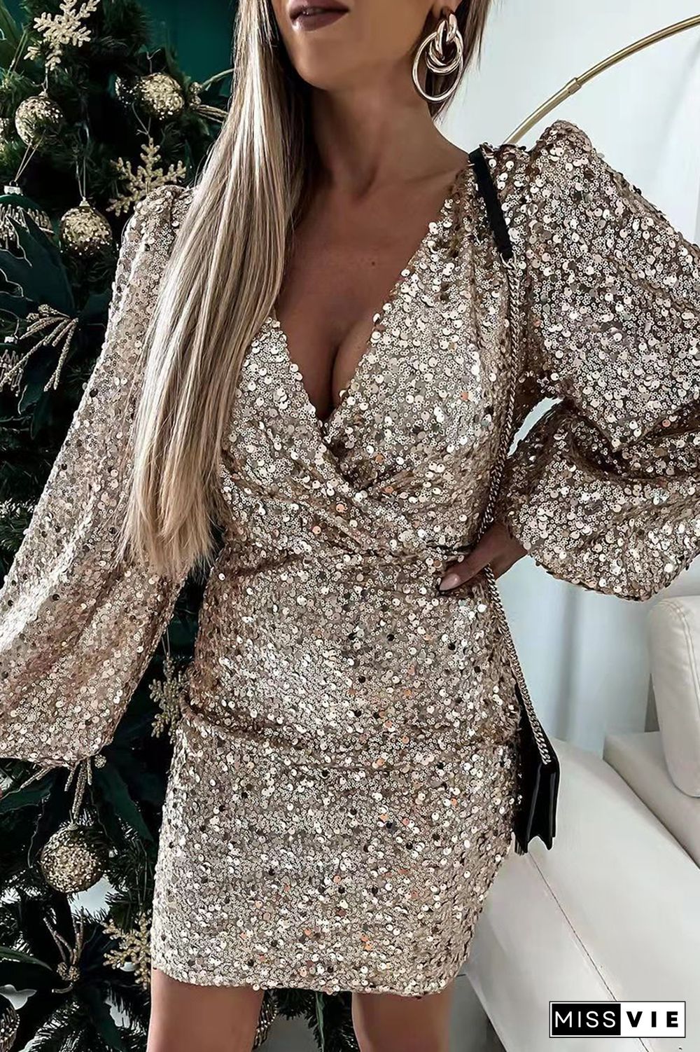 Sexy Solid Sequins V Neck Pencil Skirt Dresses(3 Colors)