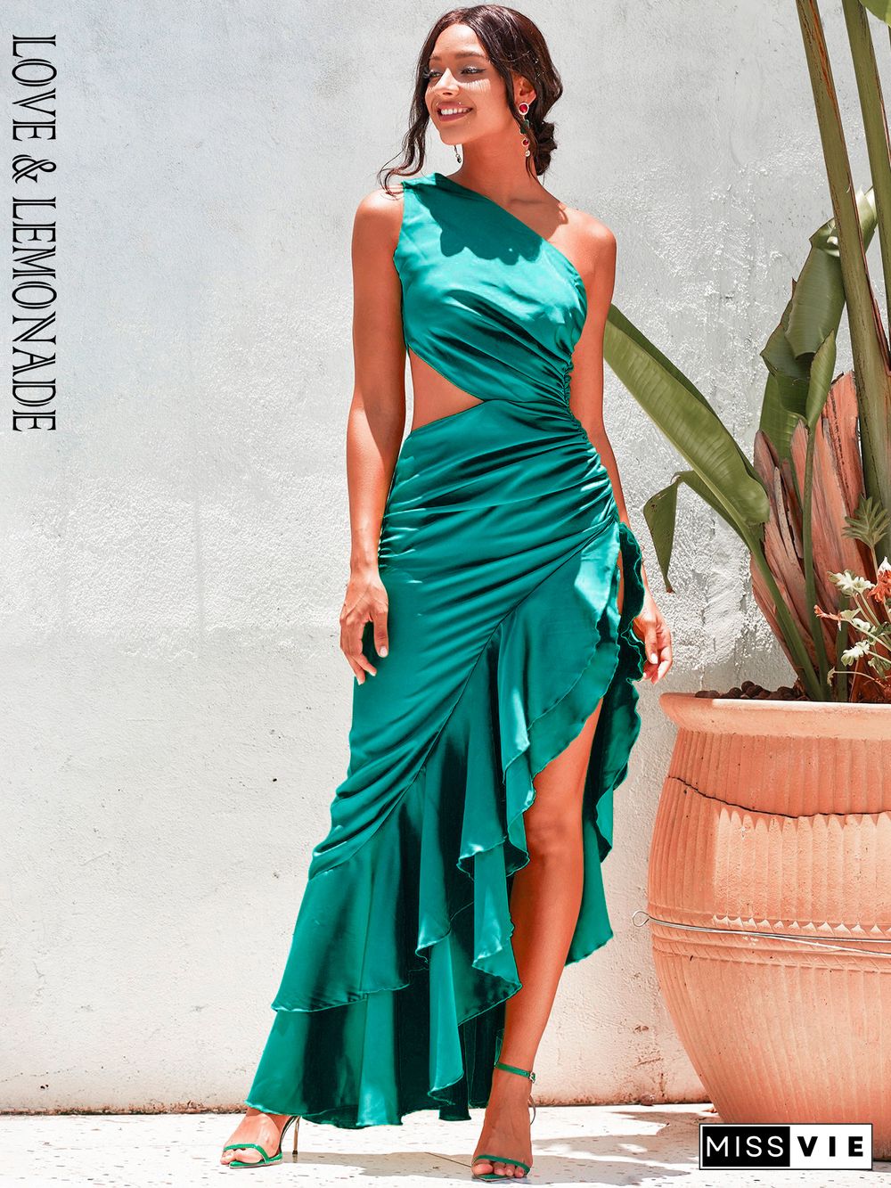 LOVE&LEMONADE Sexy Emerald Green Off-Shoulder Cut-Out Split Ruffled Reflective Satin Party Maxi Dress LM82202-A