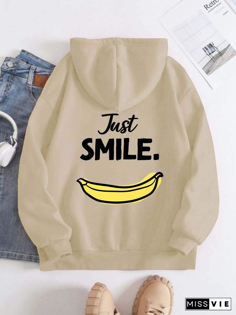 Printed on the Back Kangaroo Pocket Hoodie Long Sleeve for Women Pattern Just Smile