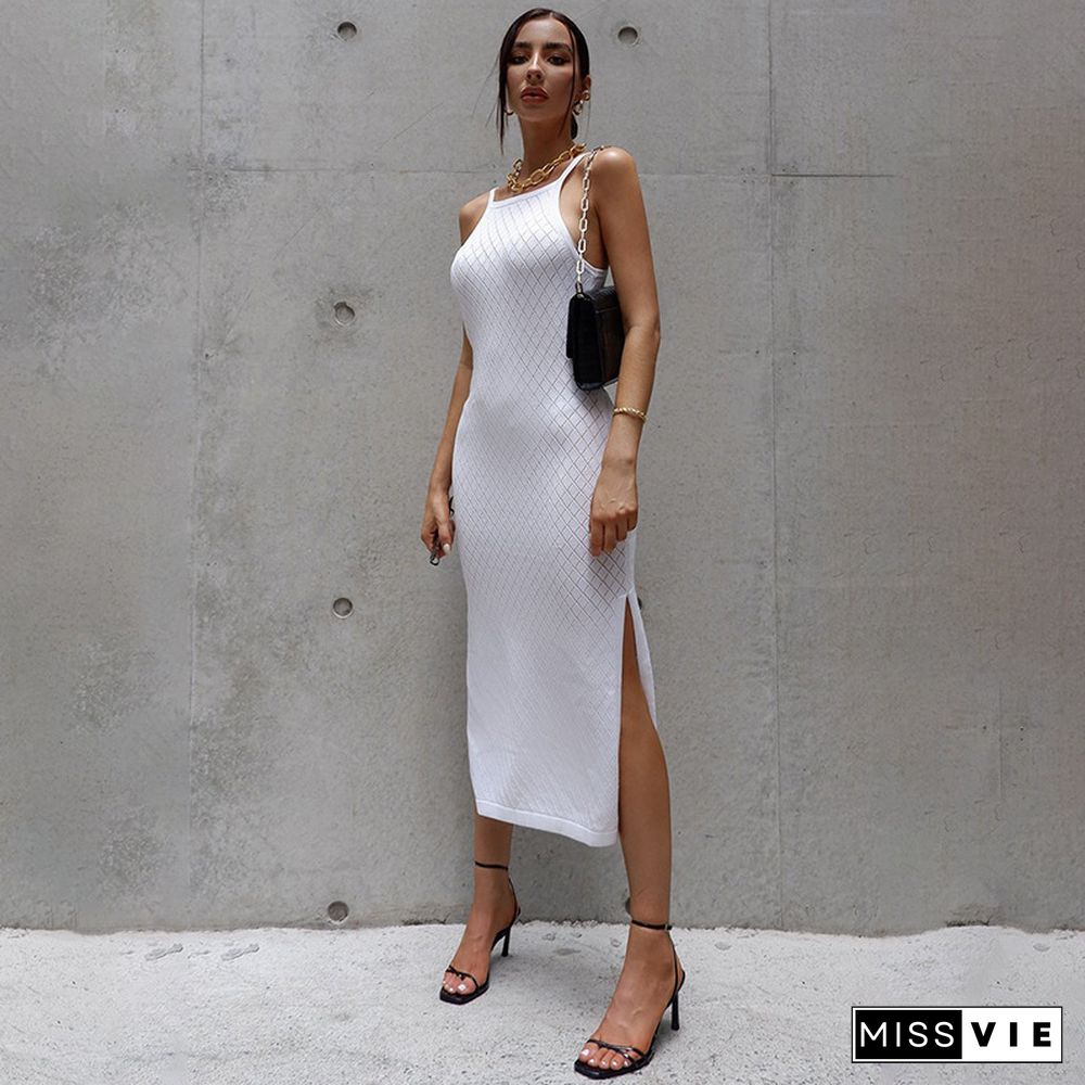 Summer Women Slim Solid Color Sleeveless High Waist Sheath Side Slit Skinny Thin Streetwear Long Dress