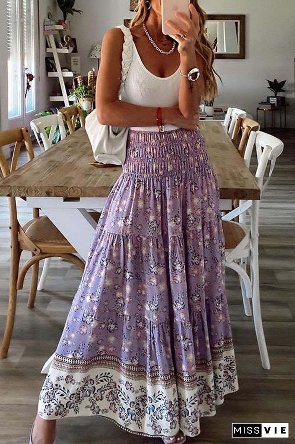 Floral Print Elastic Maxi Skirts