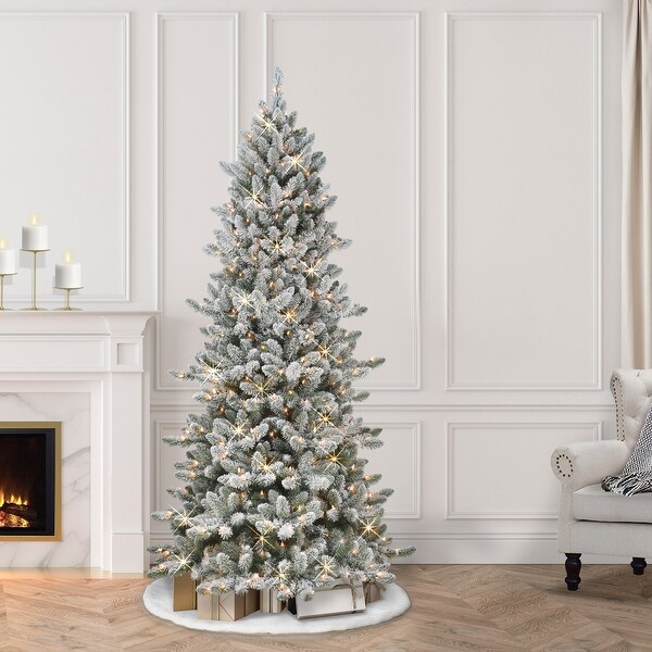 Puleo International 6.5 ft. PreLit Slim Flocked Royal Majestic Artificial Spruce Tree