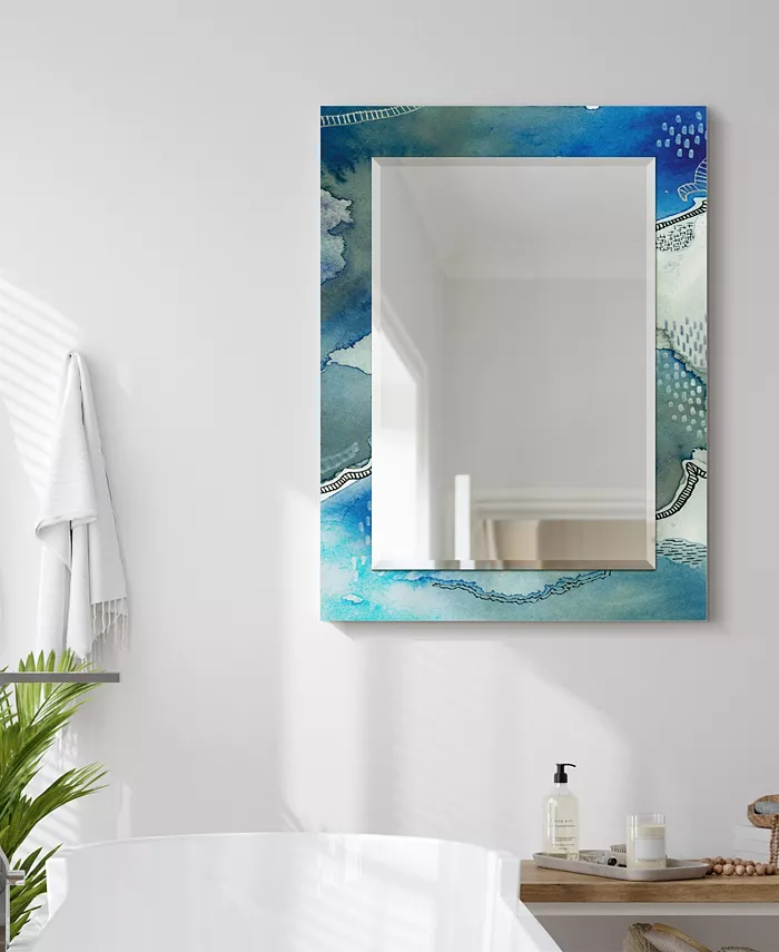 Empire Art Direct Subtle Blues Rectangular On Free Floating Printed Tempered Art Glass Beveled Mirror  40 x 30