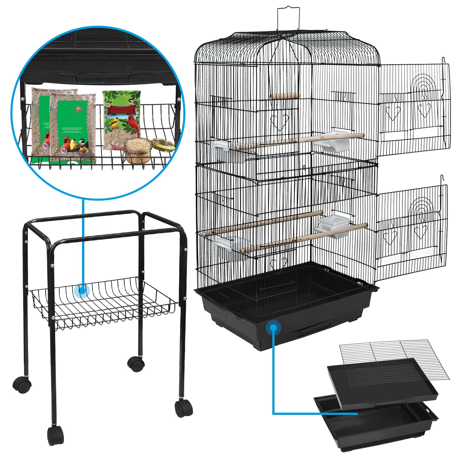 generic 59'' Bird Cage Large Wrought Iron Cage for Cockatiel Sun Conure Parakeet with Rolling Stand