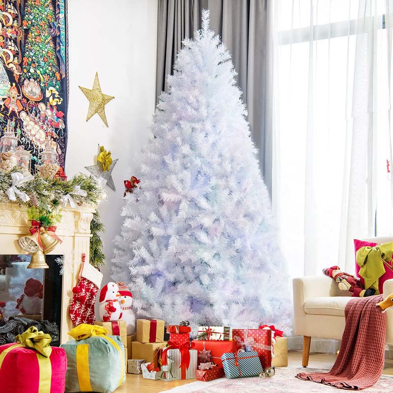 6/7/8FT White Iridescent Hinged Artificial Christmas Tree with 792/1156/1636 Branch Tips & Metal Stand