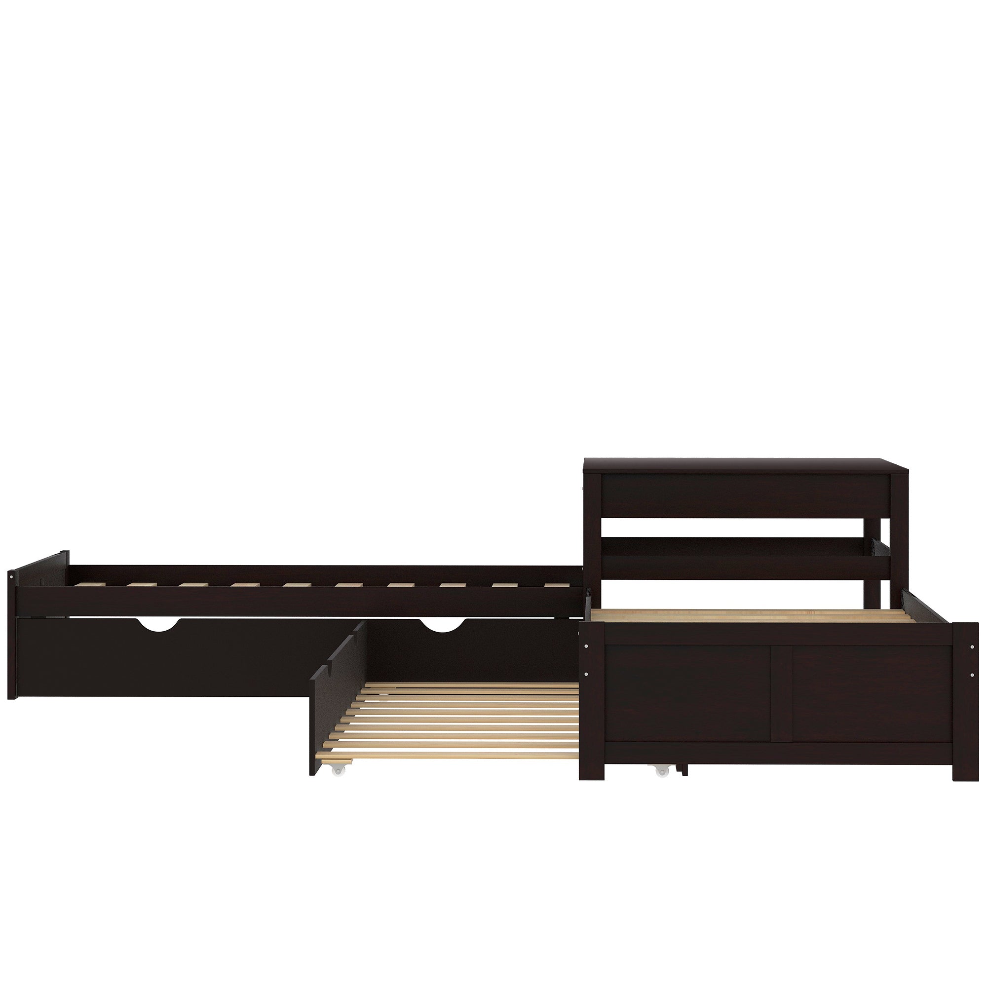 Euroco Twin L-Shaped Platform Bed with Square Table for Kids Bedroom, Espresso