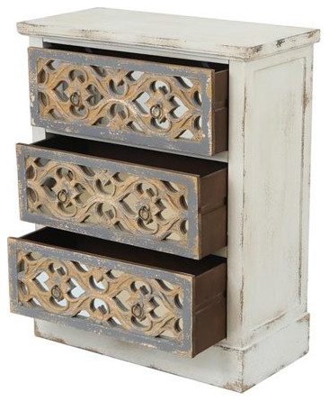 Rustic End Table  3 Drawers With Carved Front  ampGlass Insert  Off White/Natural   French Country   Side Tables And End Tables   by Decor Love  Houzz