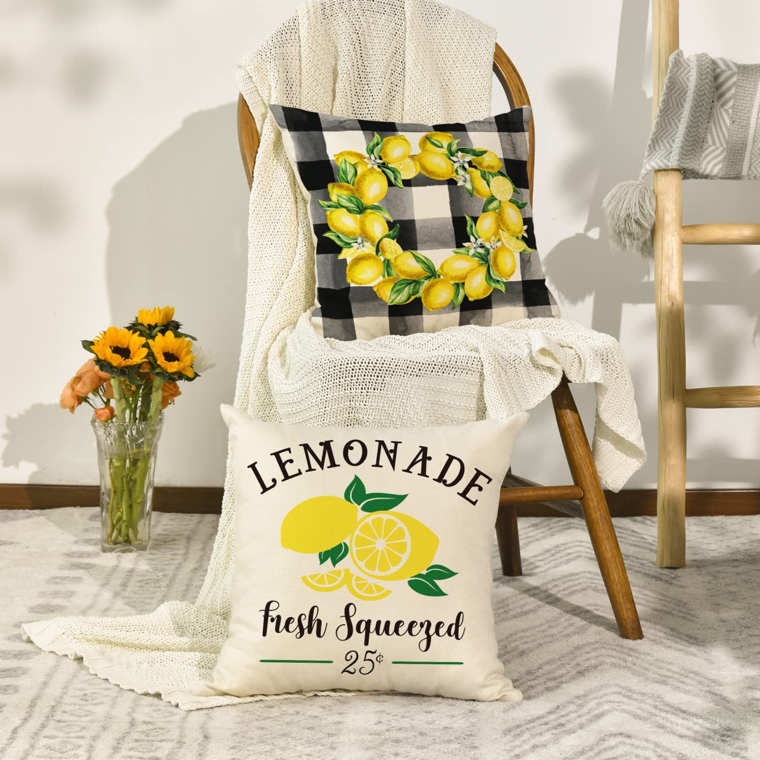 Artoid Mode Lemon Wreath Bicycle Hello Sunshine Buffalo Plaid Summer Pillow Covers 18 x 18 Set of 4, Farmhouse Cushion Case for Sofa Couch