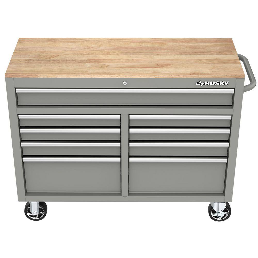 Husky 46 in. W x 18 in. D 9-Drawer Gloss Gray Mobile Workbench Cabinet with Solid Wood Top H46X18MWC9GRY