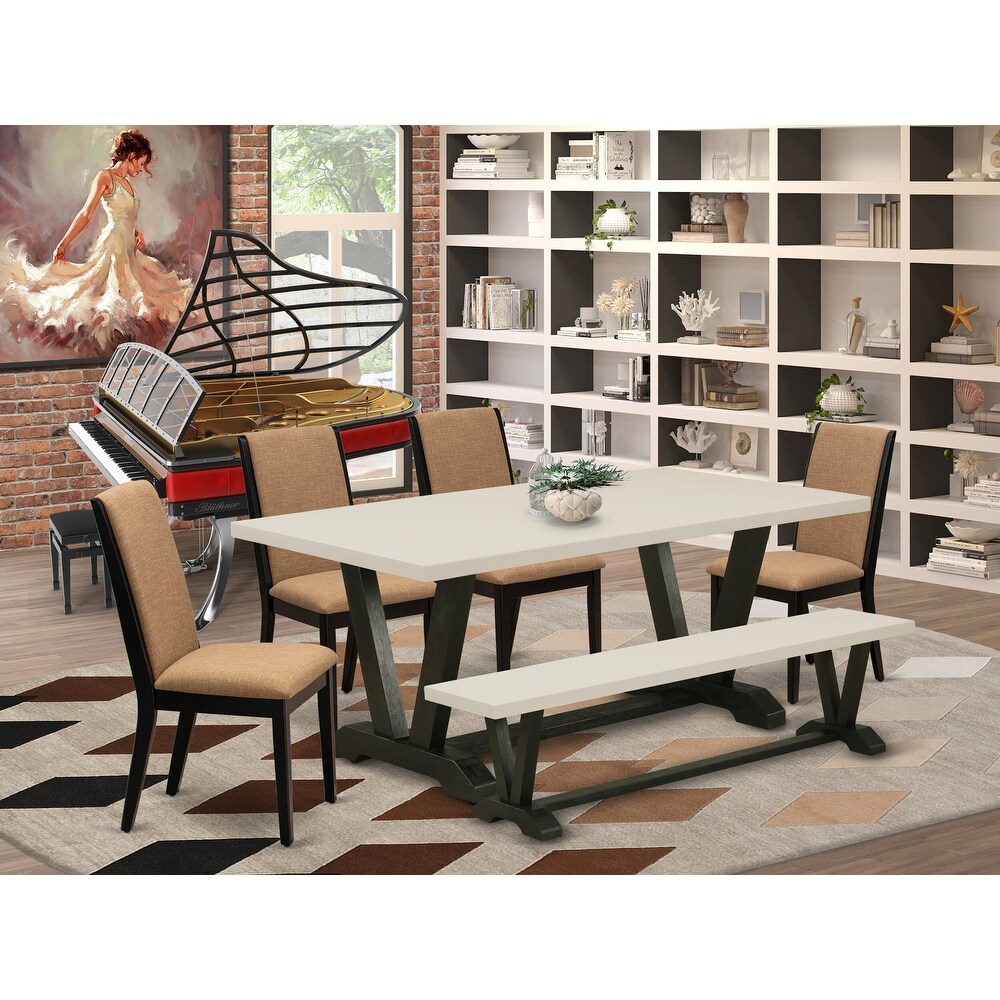 East West Furniture Dining Table Set  a Dining Room Table and Light Sable Linen Fabric Parsons Chairs  Black(Pieces Options)