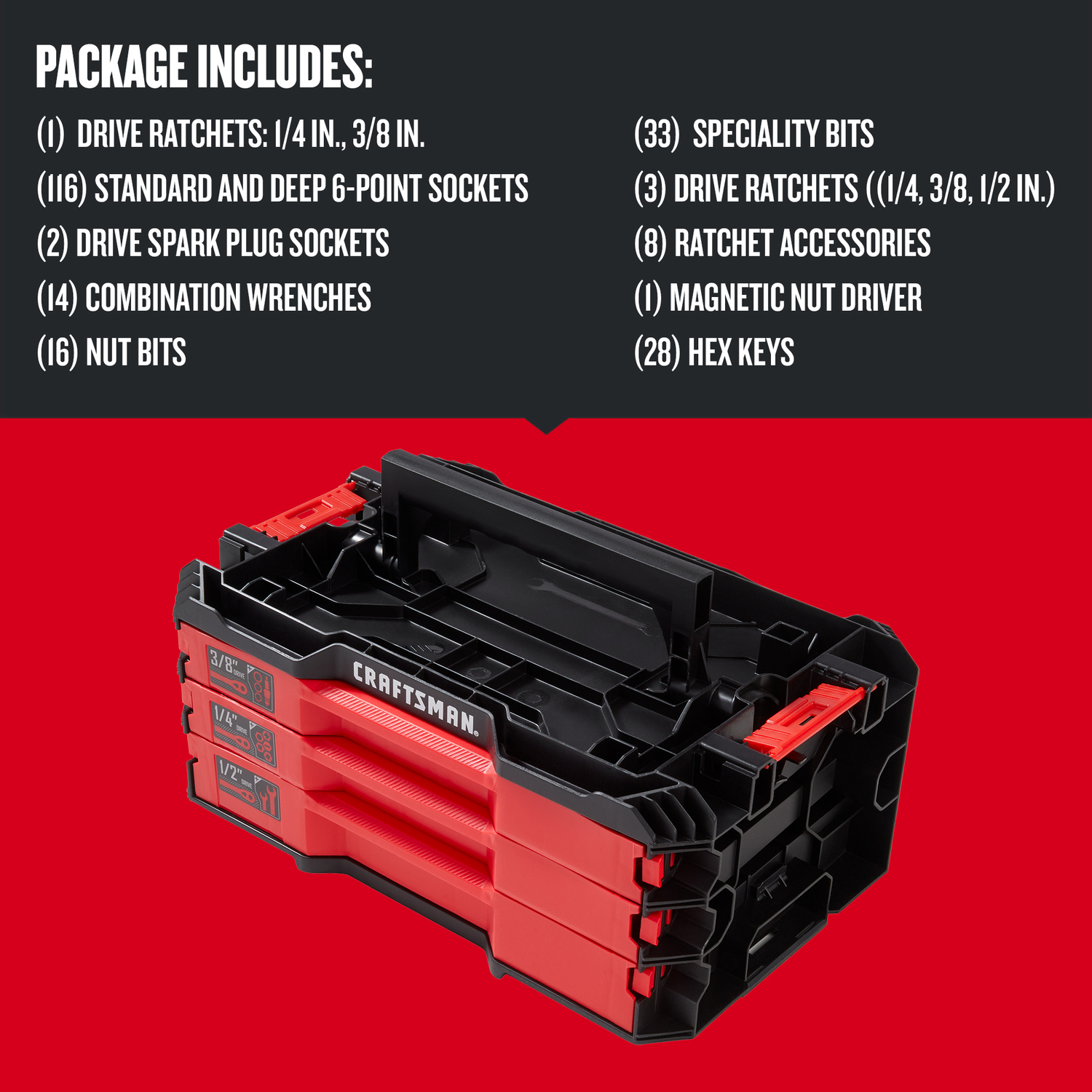 Craftsman VersaStack 1/4， 3/8 and 1/2 in. drive Metric and SAE 6 Point Mechanic\u0027s Tool Set 216 pc