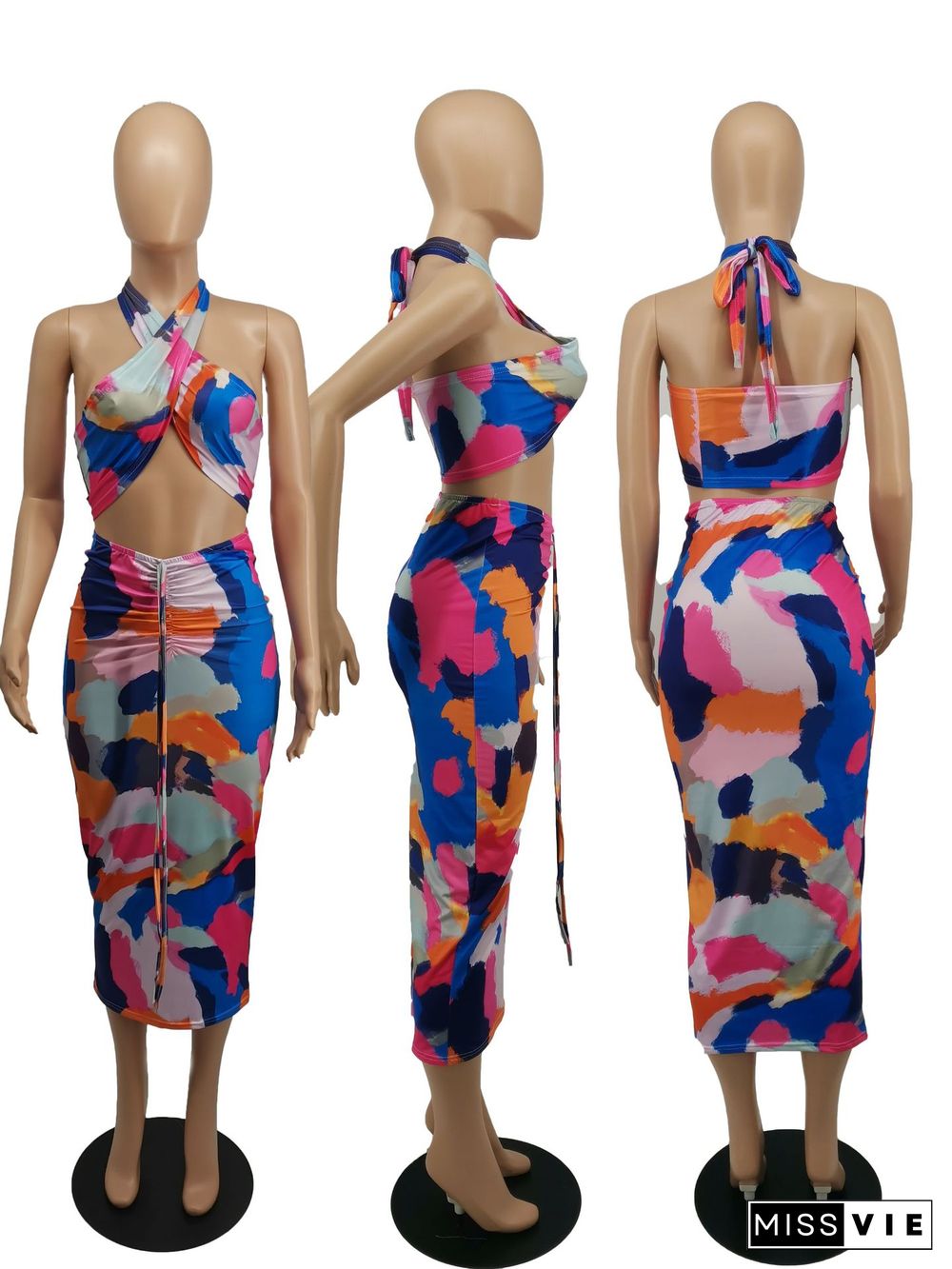 Sexy Hallow Out Lace-up Sleeveless Colorful Print 2 Piece Dress