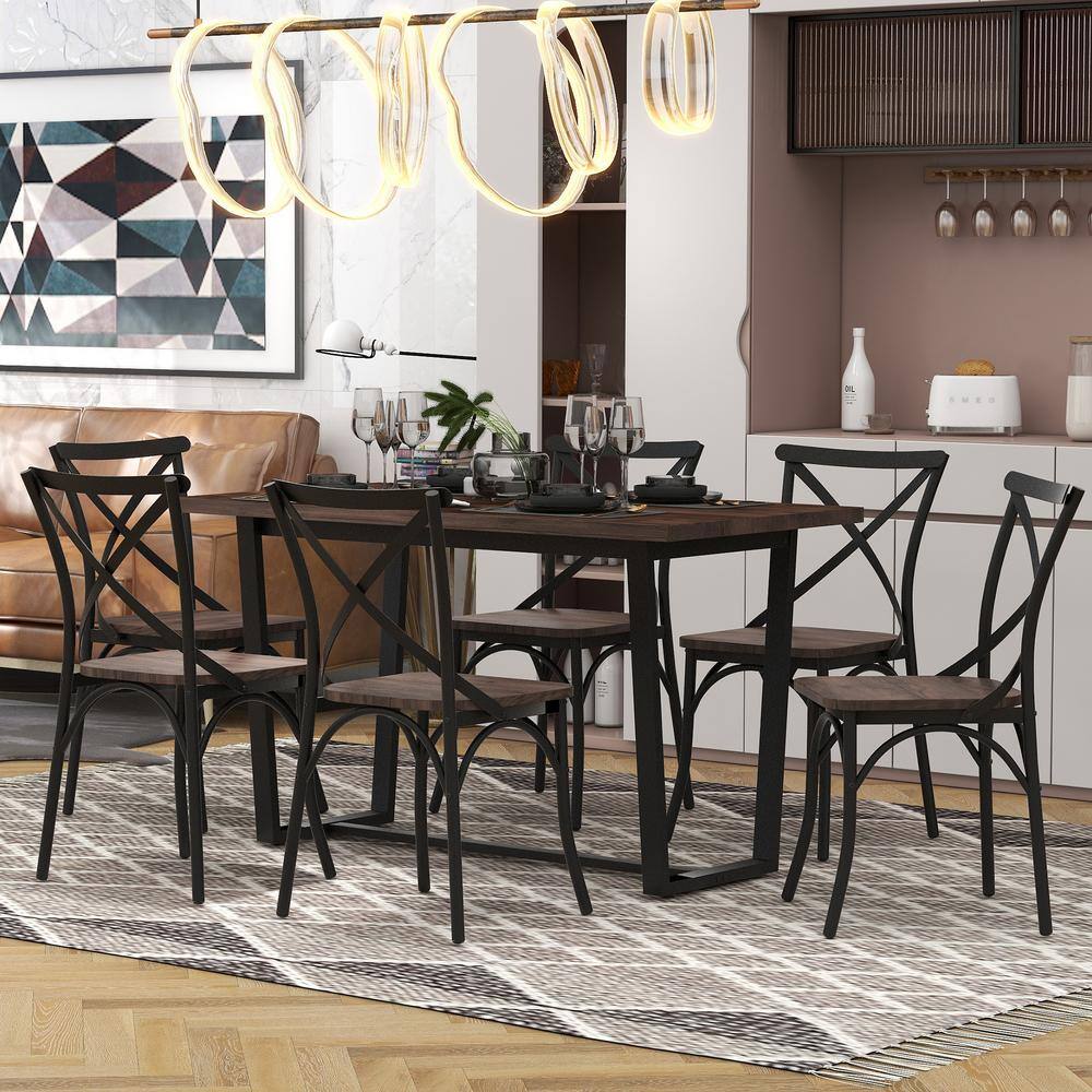 Harper  Bright Designs Industrial Style 7-Piece Rustic Brown MDF Top Table Set Seats 6 XW047AAA