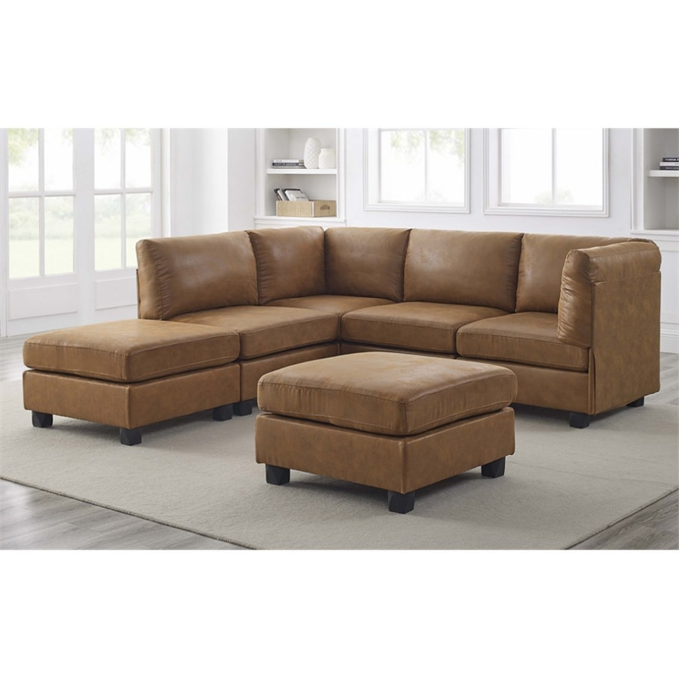 Partner Furniture Faux Leather 120 quotModular Sectional with Ottoman in Ginger   Contemporary   Sectional Sofas   by Homesquare  Houzz