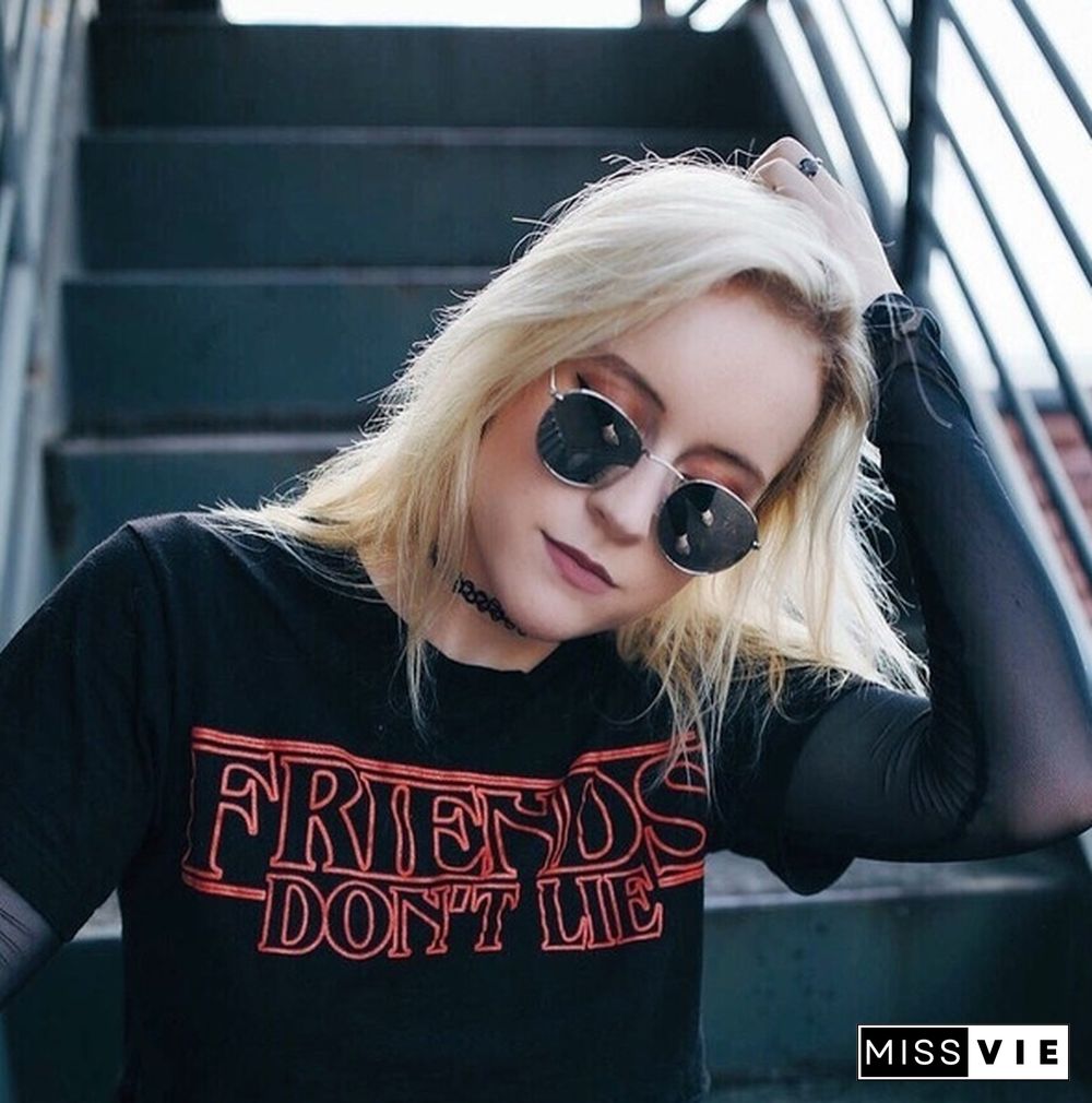 1Pcs Friends Don'T Lie Stranger Things Graphic Tee Unisex Netflix Parody T-Shirt Short Sleeve Cute Grunge Black Tops Gifts