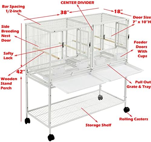 Single/Double/Triple Stackable Center Divided Breeder Breeding Bird Flight Double Rolling Cage For Aviaries Canaries Cockatiels Lovebirds Finches Budgies Small Parrots (White， Single Story)